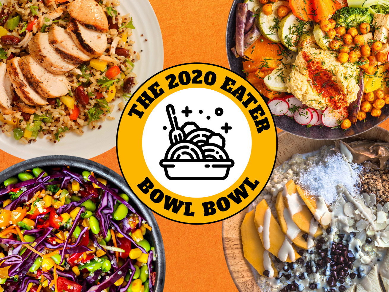 From above: a chicken and rice bowl, a Mediterranean bowl with chickpeas and hummus, a smoothie bowl with mango slices and coconut, and a colorful veggie bowl with beans and purple cabbage, circled around a badge reading “The 2020 Eater Bowl Bowl” with a black and white bowl drawing in the center.