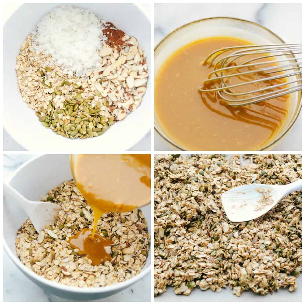 The process of making homemade granola with one bowl all the seeds and nuts then another bowl whisking syrup and peanut butter and pouring it over the granola and spreading it out on a pan. 