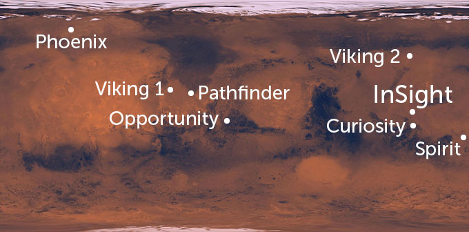 Mars landing sites map