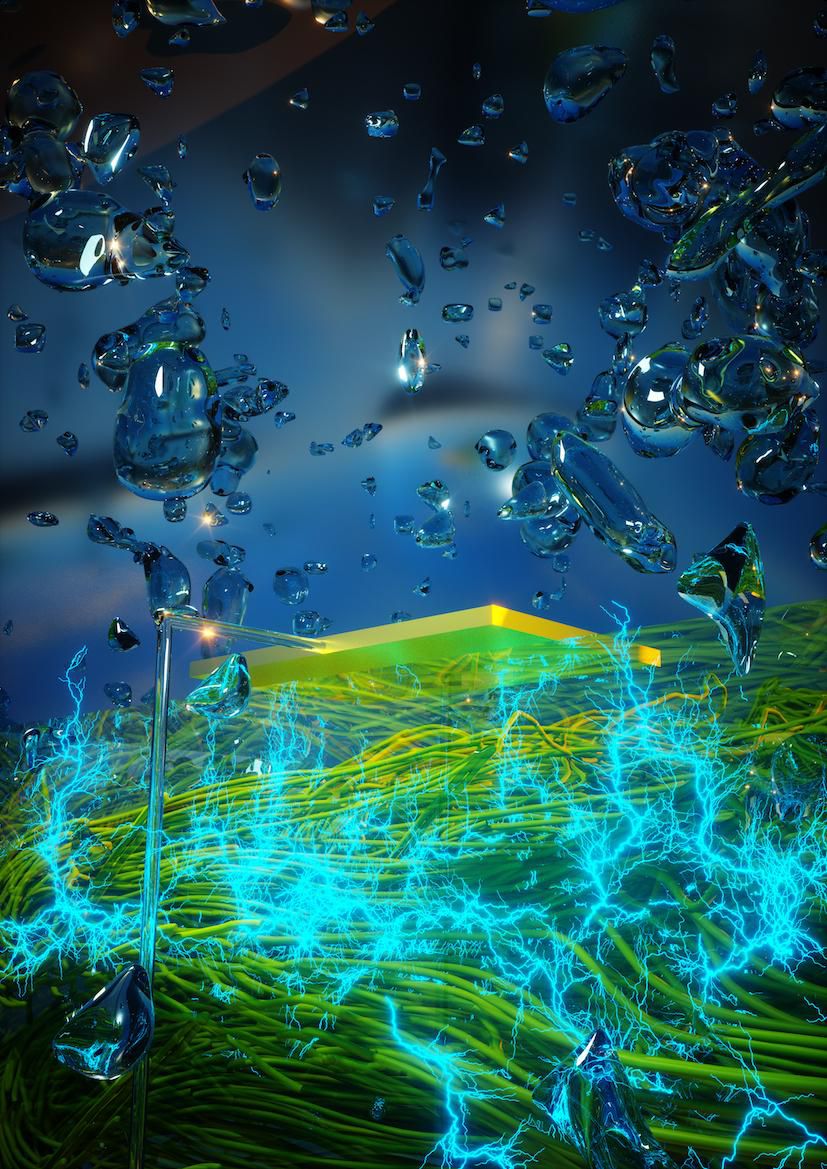 Illustration of a thin film of protein nanowires generating electricity from atmospheric humidity.