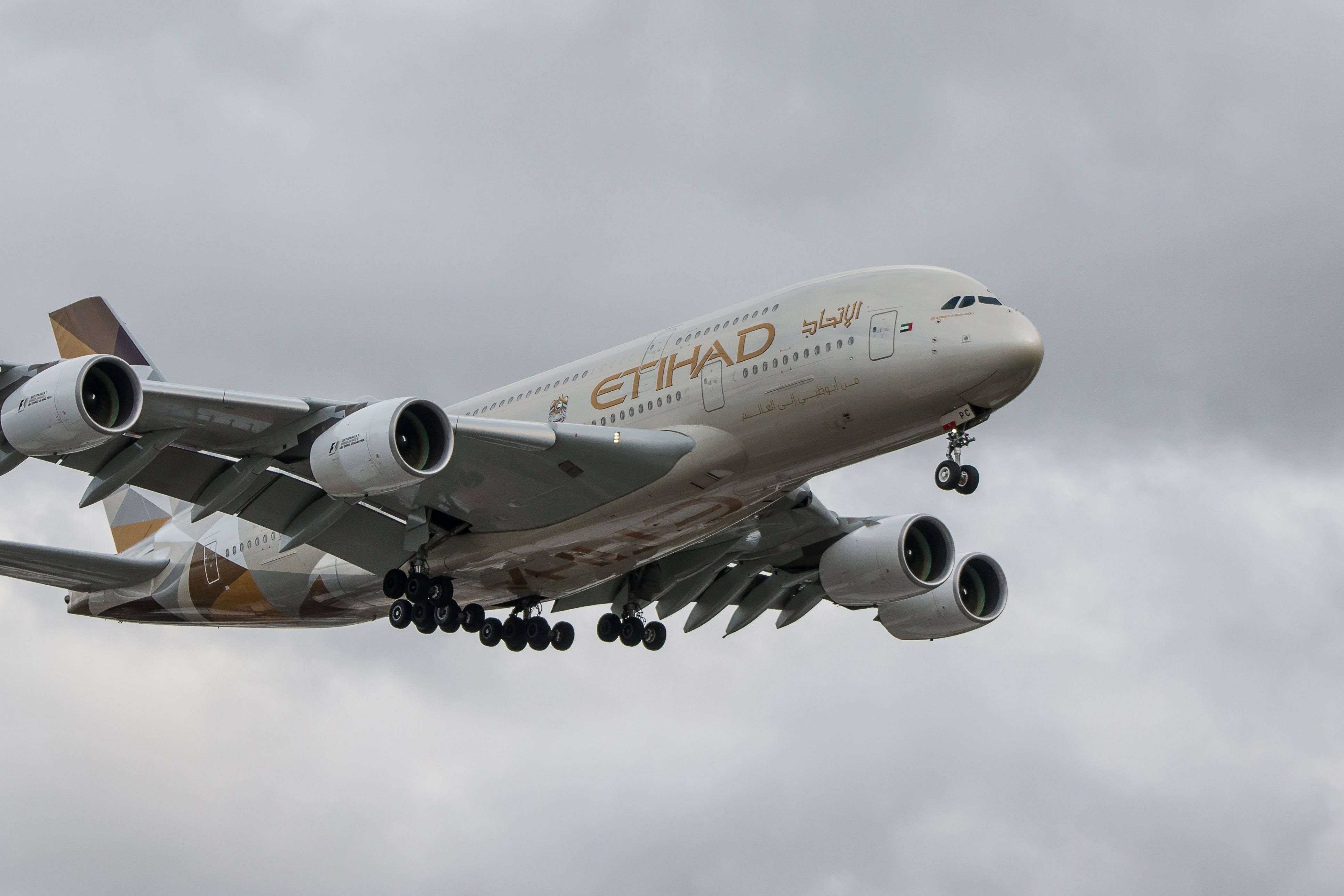 An Etihad A380 landing at Heathrow airport in 2017.